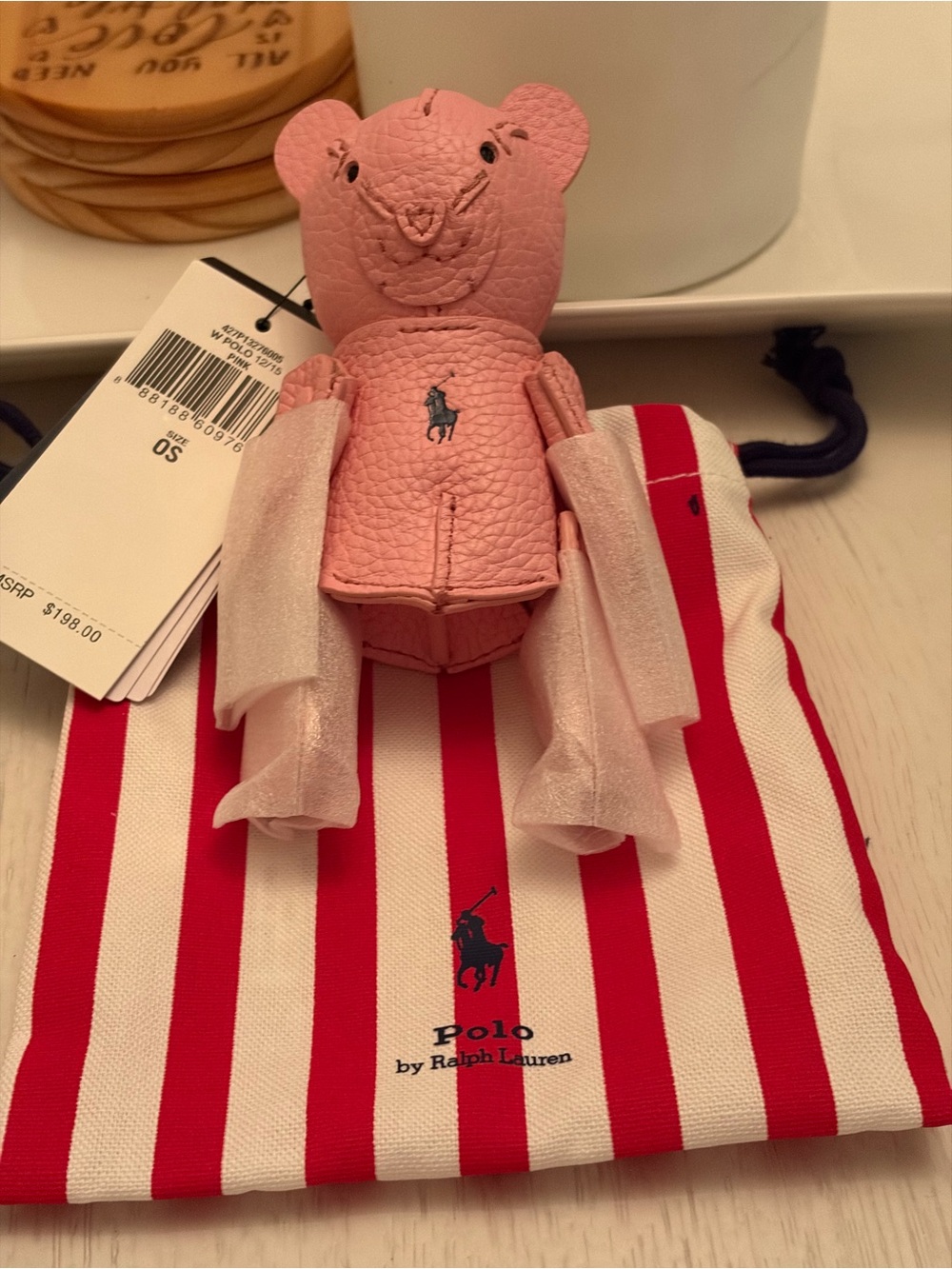 Ralph Lauren Pink Leather Bear Charm Keyring - Picture 5 of 7